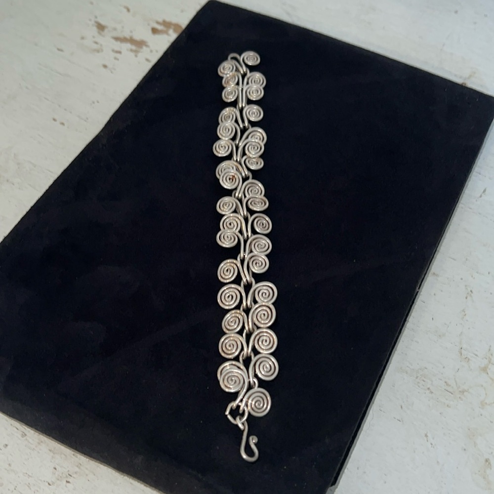 Handmade unmarked sterling silver bracelet 7.5” x 1”